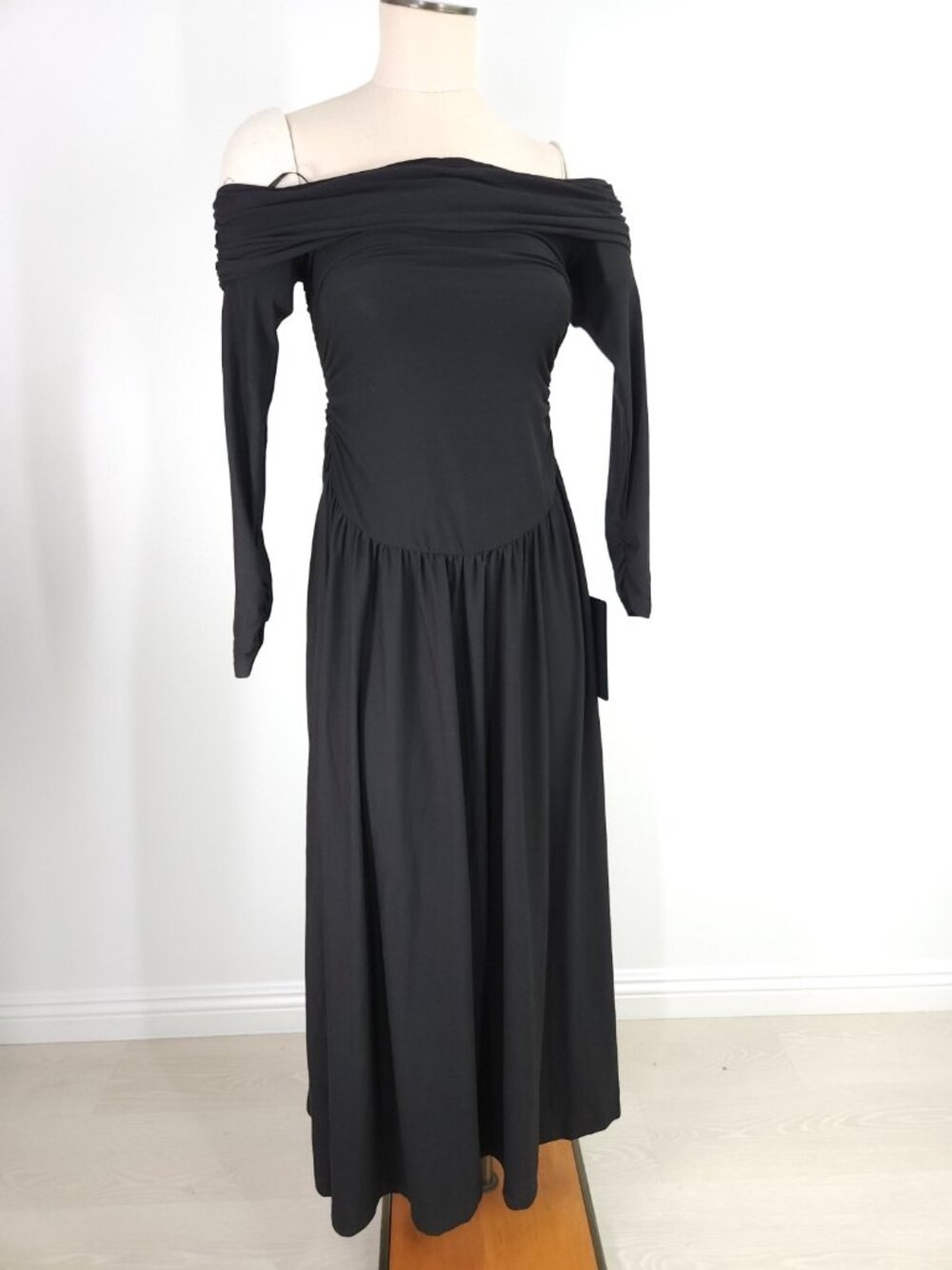 Lulus Small Black Whimsigoth Off-the-Shoulder Ruched Drop Waist Maxi Dress
